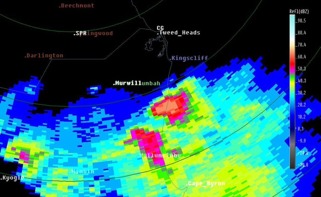 A Bureau of Meteorology map showing the storm in red as it hit Pottsville on Sunday. A Bureau of Meteorology map showing the storm in red as it hit Pottsville on Sunday.
